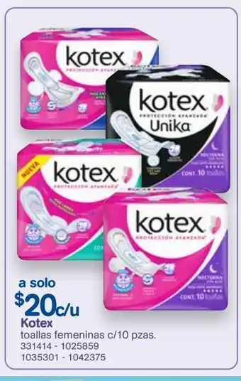 Farmacias Benavides Kotex toallas femeninas c/10 pzas. oferta