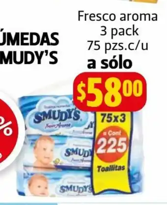 Farmacias Guadalajara Toallitas Humedas para bebe Smudy's Fresco aroma 3 pack 75 pzs c/u a solo oferta