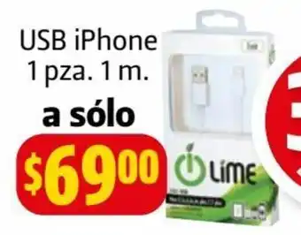 Farmacias Guadalajara Cable Lime USB Tipo C, Iphone o Android USB iPhone 1 pza 1m oferta
