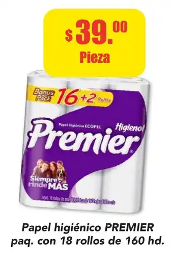 Papel higienico PREMIER paq. con 18 rollos de 160 hd