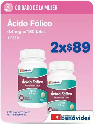 Farmacias Benavides Ácido fólico 0.4 mg c/180 tabs x 2un oferta