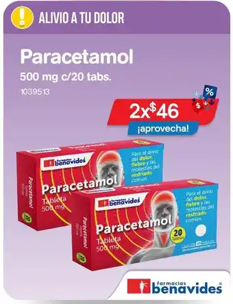 Farmacias Benavides Paracetamol 500 mg c/20 tabs x 2un oferta