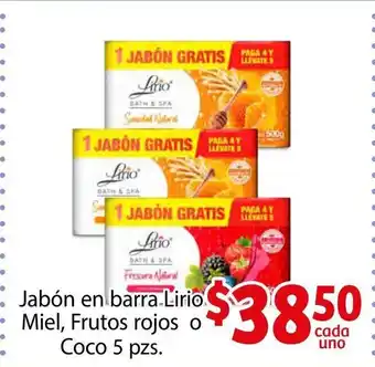 Jabon en barra Lirio Miel, Frutos rojos o Coco 5 pzs
