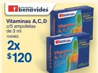 Farmacias Benavides Vitaminas a,c,d c/5 ampolletas de 3 ml x 2 unidades oferta