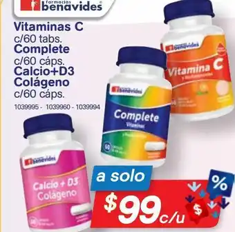 Farmacias Benavides Vitaminas c + complete + calcio+d3 colágeno c/60 un oferta