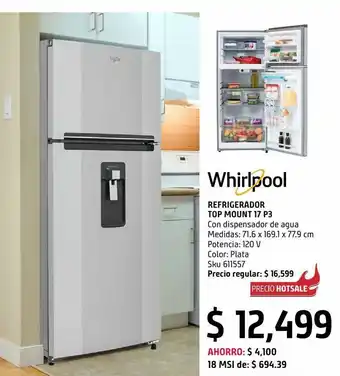 Refrigerador whirlpool top mount 17 pies wt1736n