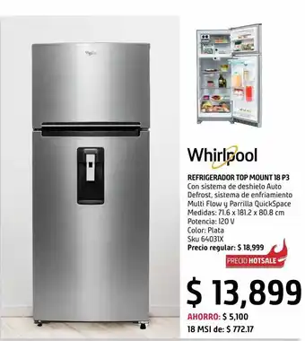 Sodimac Homecenter Refrigerador whirlpool top mount 18 pies wt1870a 503.90l oferta