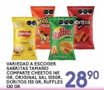 Alsuper Sabritas tamaño comparte cheetos 145g, doritos 155g, original sal 105g, ruffles 130g oferta