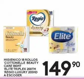 Higiénico 18 rollos cottonelle beauty care 180ht o elite triplex 200ht