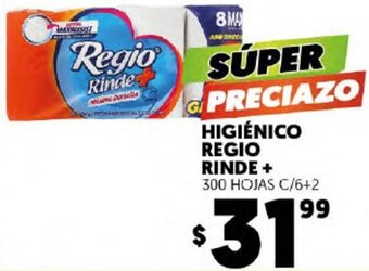 Higiénico Regio Rinde+ 300 Hojas c/6+2