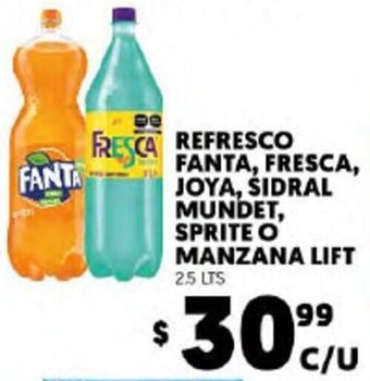 Refresco Fanta, Fresca, Joya, Sidral Mundet, Sprite o Manzana Lift 2,5lts
