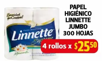 Farmacias Guadalajara Papel Higienico Linnette Jumbo 300 Hojas 4 rollos oferta