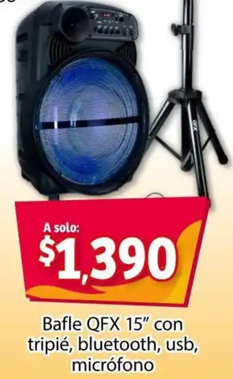 Soriana Express Bafle QFX 15" con tripié, bluetooth, usb, micrófono oferta
