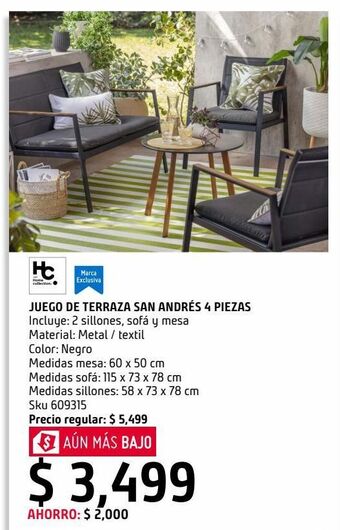 Juego living terraza san andrés 4 piezas metal negro