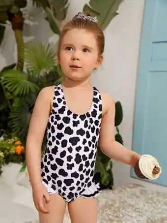 SHEIN Niñitas bañador una pieza con estampado de vaca a capas ribete con fruncido oferta