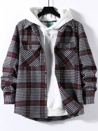 SHEIN Hombres abrigo con estampado de cuadros con bolsillo con solapa sin capucha oferta