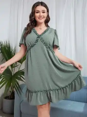 Vestido ribete fruncido escote v de lunares bajo con fruncido