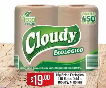 Higiénico Ecológico 450 Hojas Dobles Cloudy 4 Rollos