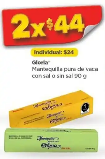 Bodega Aurrerá Gloria Mantequilla Pura de Vaca con Sal o Sin Sal 2 x 90g oferta
