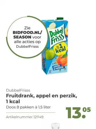 Bidfood Dubbelfrisss, appel en perzik, 1 kcal 1,5 liter aanbieding