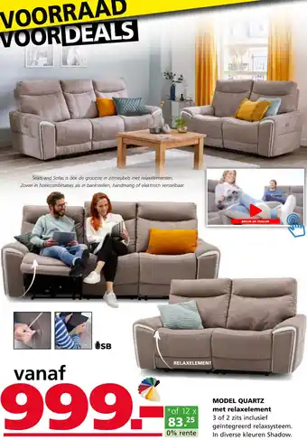 Seats and Sofas Model quartz met relaxelement aanbieding