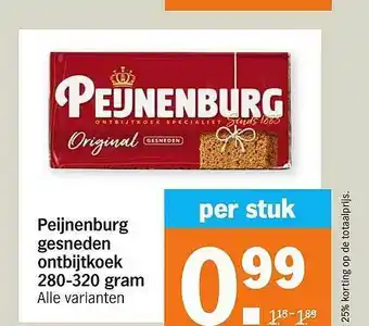 Albert Heijn Peijnenburg Gesneden Ontbijtkoek 280-320 Gram aanbieding