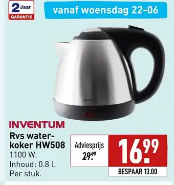 ALDI Inventum Rvs waterkoker HW508 1100 W 0.8l aanbieding