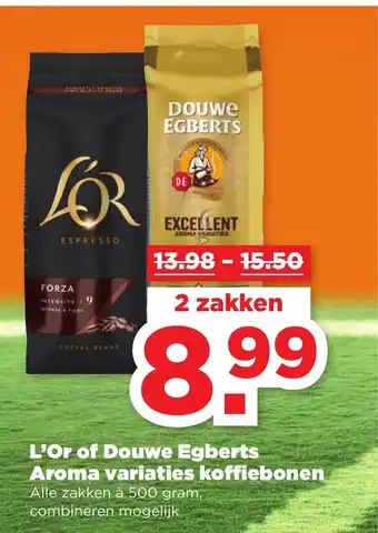 PLUS Douwe Egberts of L'Or Aroma koffiebonen 2*500g aanbieding