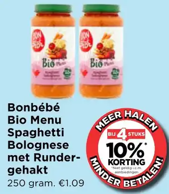 Vomar Voordeelmarkt Bonbébé Bio Menu Spaghetti Bolognese met Rundergehakt aanbieding