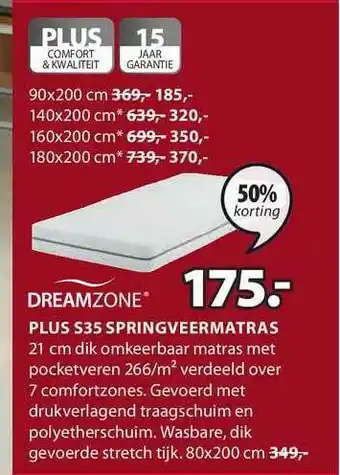 Jysk Dreamzone Plus S35 Springveermatras 50% Korting aanbieding