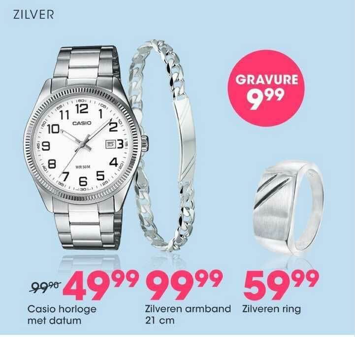 Casio horloge met datum zilveren armband 21 cm of zilveren ring