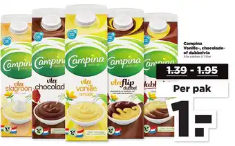 PLUS Campina vanille-, chocolade- of dubbelvla 1 liter aanbieding