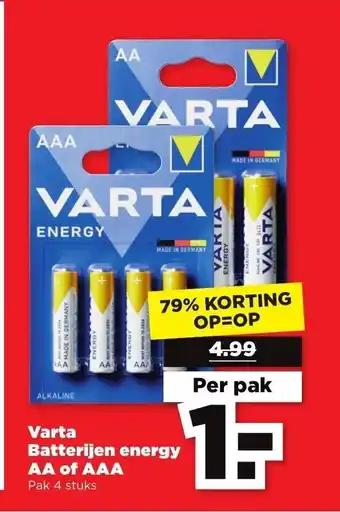 PLUS Varta batterijnen energy AA of AAA 4 stuks aanbieding