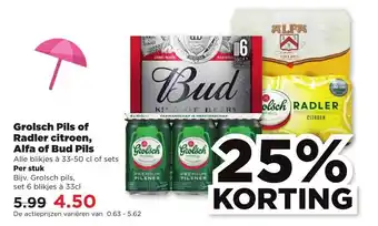 PLUS Grolsch pils of radler citroen, alfa of bud pils 33-50cl aanbieding