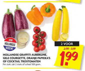 Dekamarkt Hollandse graffiti, aubergine, gele gourgette, oranje paprika's of cocktail trostomaten aanbieding