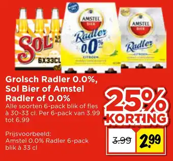 Vomar Voordeelmarkt Grolsch Radler 0.0%, Sol Bier of Amstel adler of 0.0% aanbieding