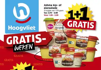 Hoogvliet Johma kip- of eiersalade 2 kuipjes van 175 gram aanbieding