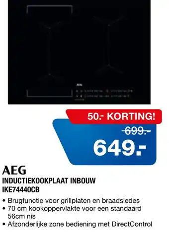 Electroworld AEG INDUCTIEKOOKPLAAT INBOUW IKE74440CB aanbieding