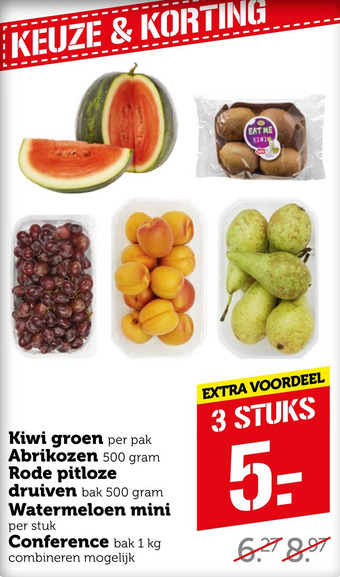 Coop Kiwi groen, Abrikozen, Rode pitloze druiven bak, Watermeloen mini per stuk Conference bak 1 kg aanbieding