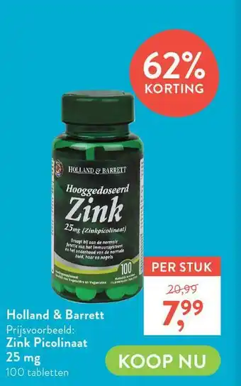 Holland & Barrett Holland & Barrett Zink Picolinaat 25 Mg 62% Korting aanbieding