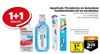 Trekpleister Aquafresh, Parodontax handtandenborstel en Sensodyne en mondwater aanbieding