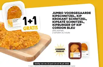 Jumbo Voorgegaarde Kipschnitzel, Kip Krokant Schnitzel, Kipsate Schnitzel, Kipburger Of Kip Cordon Bleu 2 stuks aanbieding