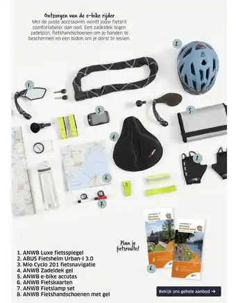 ANWB ANWB Luxe Fietsspiegel, Abus Fietshelm Urban-I 3.0, Mio Cyclo 201 Fietsnavigatie, ANWB Zadeldek Gel, ANWB E-Bike Accutas, ANW aanbieding