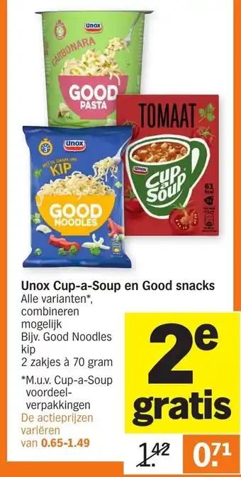 Albert Heijn Unox Cup a Soup en Good snacks 2*70g aanbieding