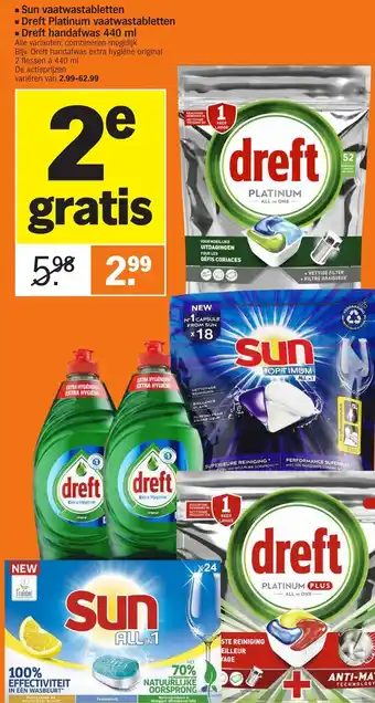 Albert Heijn Sun vaatwastabletten, Dreft Platinum vaatwastabletten, Dreft handafwas 2*440ml aanbieding