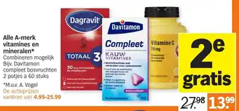 Albert Heijn All A-merk vitamines en mineralen 2*60 tabs aanbieding