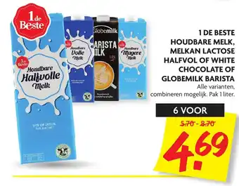 Dekamarkt 1 de Beste Houdbare melk, Melkan Lactose halfvol of White chocolate of Globemilk Barista 6*1L aanbieding