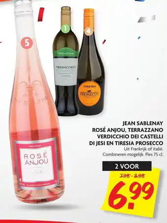 Dekamarkt Jean Sablenay Rose Anjou, Terrazzano Verdicchio Dei Castelli di Jesi en Tiresia Prosecco 2*750ml aanbieding