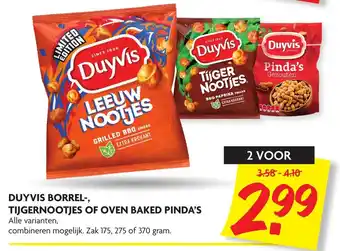 Dekamarkt Duyvis borrel-, tijgernootjes of Oven Baked Pinda's 2*175, 275 of 370g aanbieding