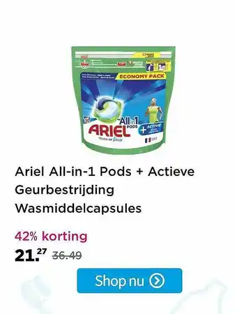 Plein.nl Ariel All-in-1 Pods + Actieve Geurbestrijding Wasmiddelcapsules 42% Korting aanbieding